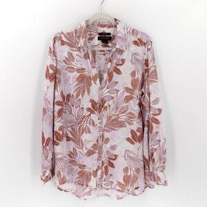 Tahari Linen Shirt Tunic Top Sz XL Roll tab sleeve Floral print White & Brown